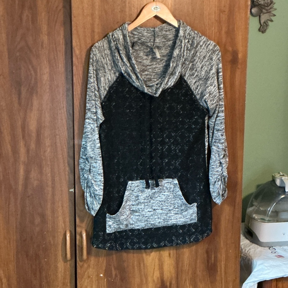 Gray and Black Cowl Neck Sweater with Pocket